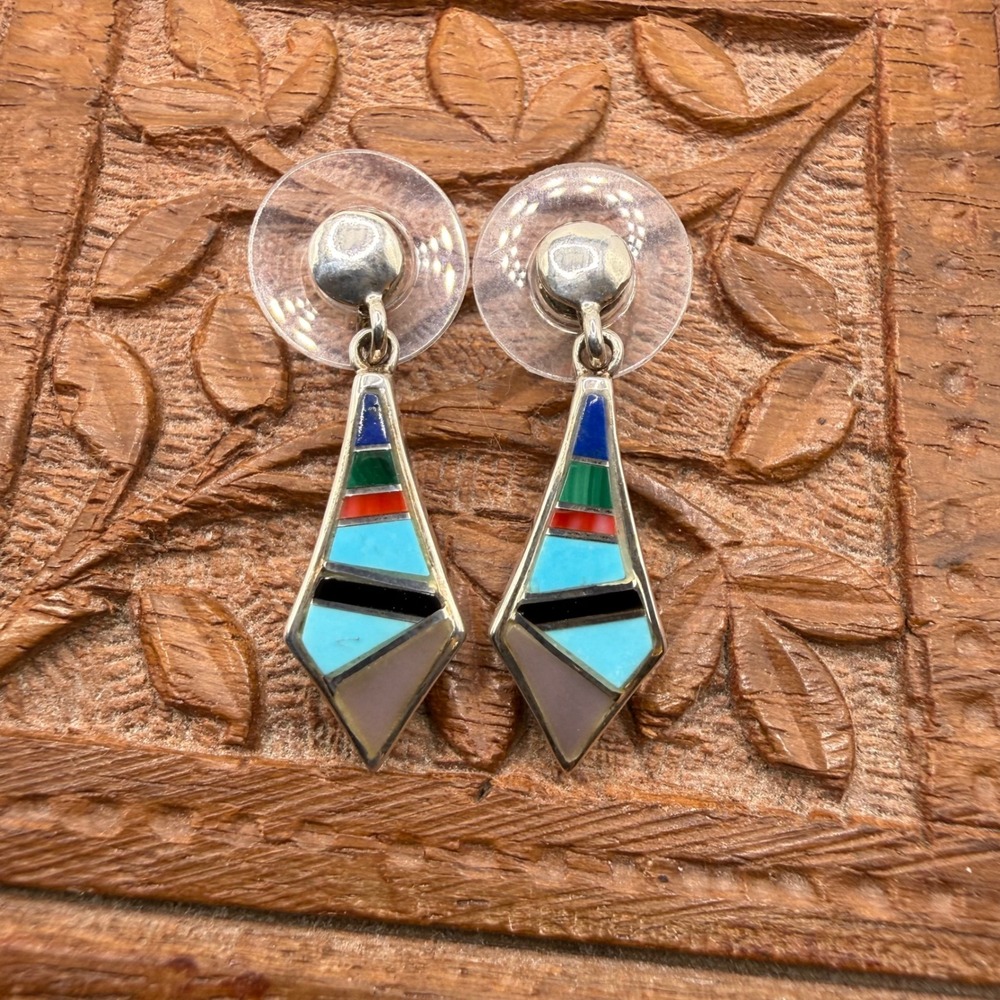 AK Sterling Silver Multi Gemstone Inlay Kite Dangle Earrings Southwest Jewelry